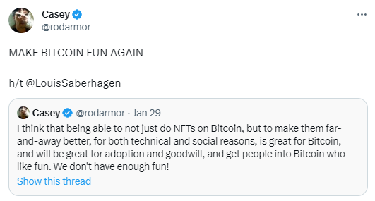 Casey Rodarmor quote about Ordinals - 'Make Bitcoin Fun Again'